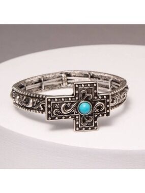 Filigree Western Turquoise Cross Stretch Bracelet OS